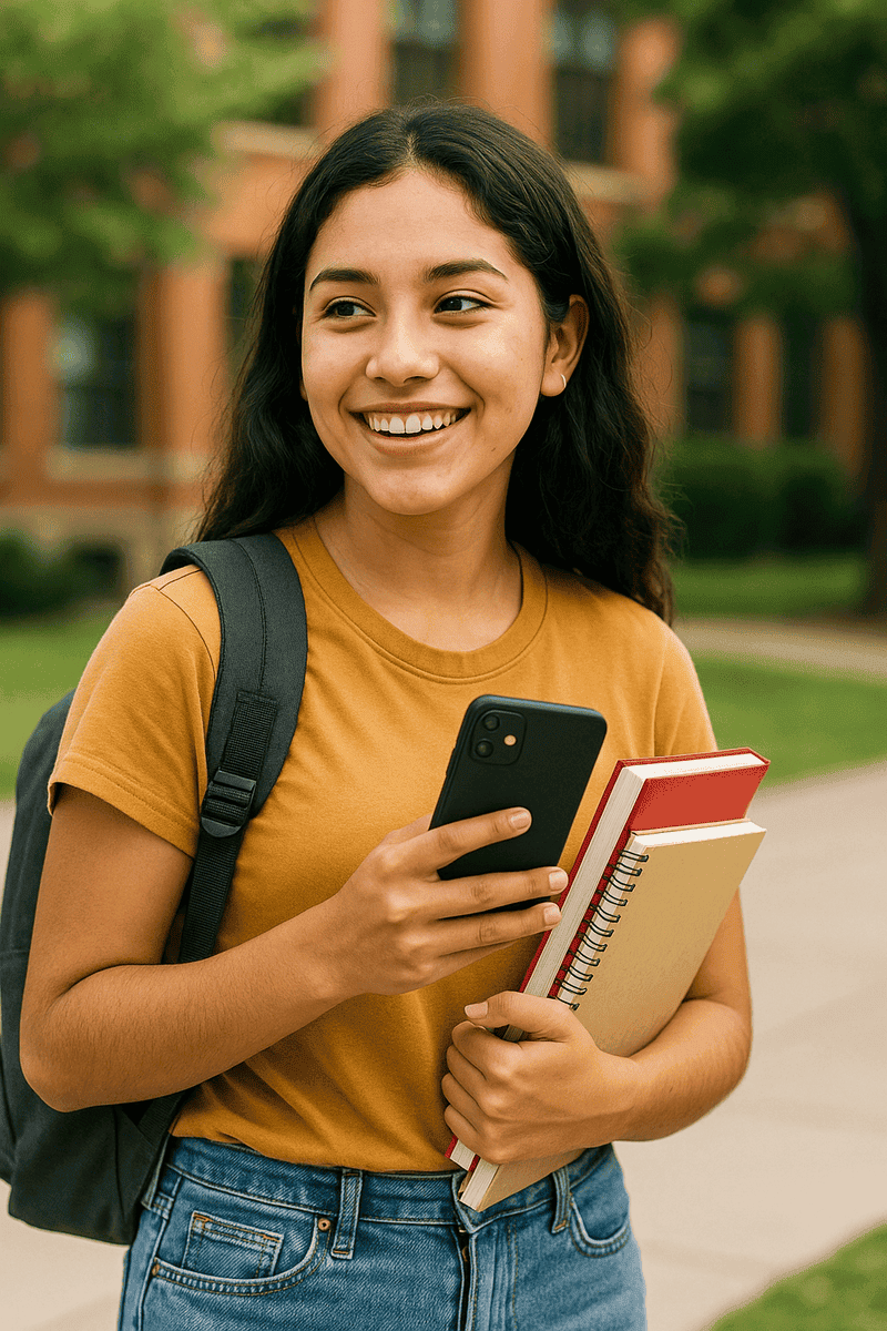 Estudiante preparando su examen con el teléfono